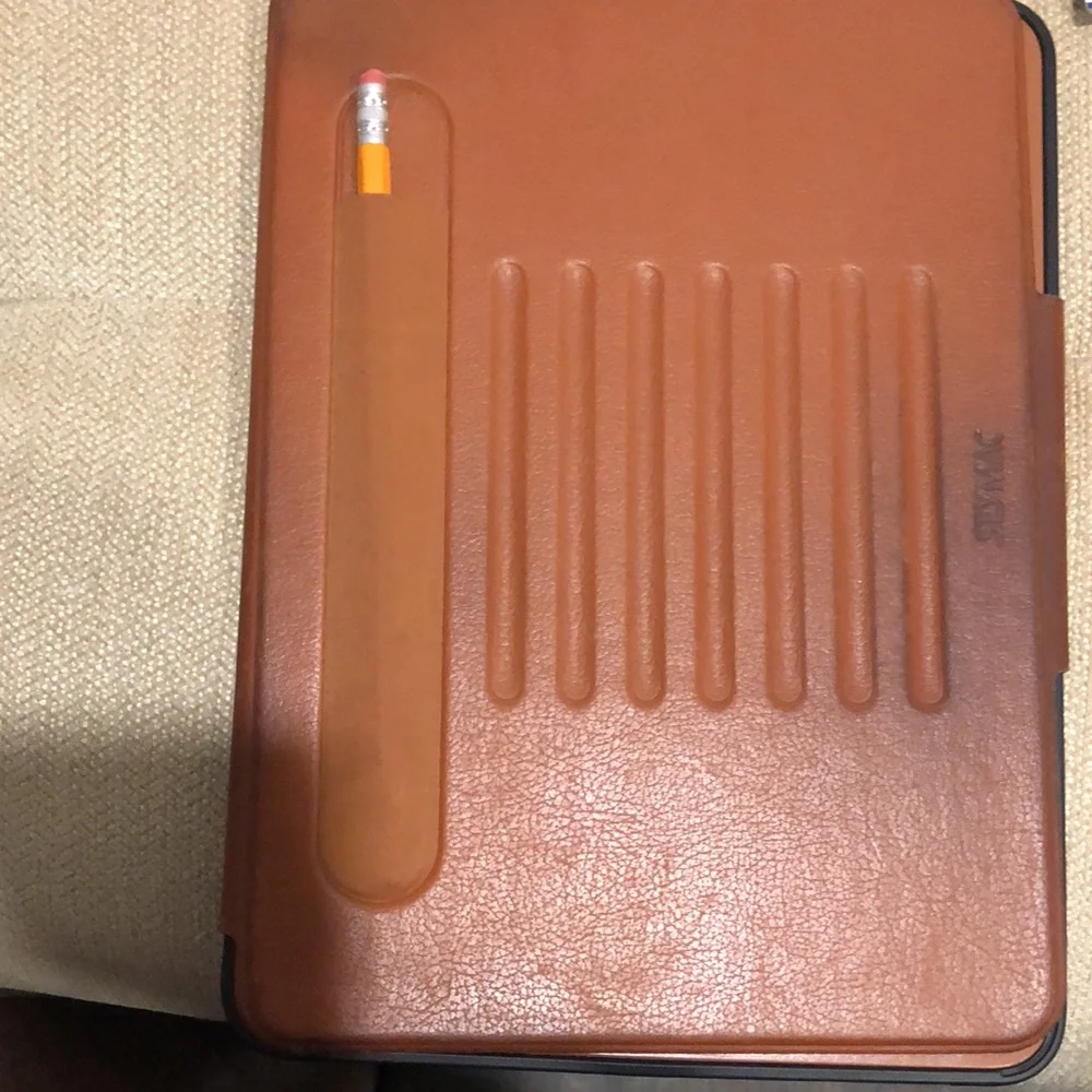 Seymac iPad leather adjustable height cover w/card slot & pen holder,used cognac
